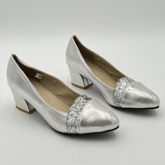 Silver Women Formal Pointed Toe Chunky Heel Pumps Slip On Office Business Ladies - Picture 3 of 7